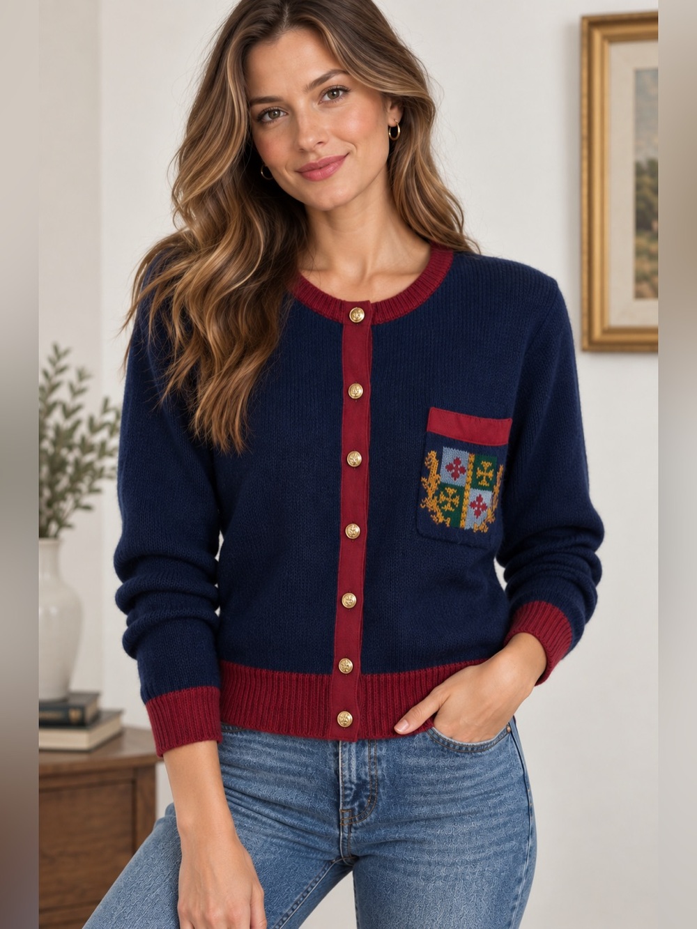 Vintage Deans of Scotland Size S 100% Wool Navy Red Crest Cardigan